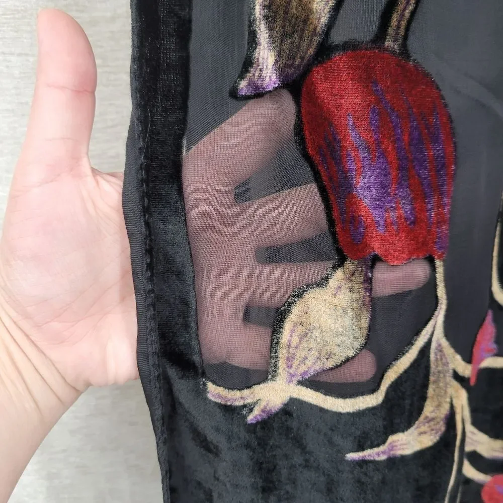 Burnout Velvet Black and Red Floral Scarf with Genuine Fur Pompoms